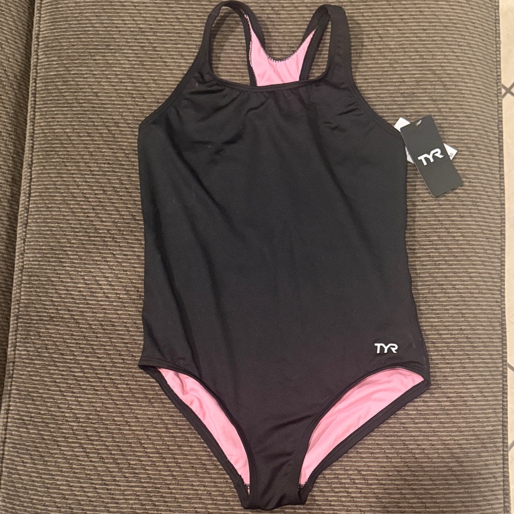 TYR Black Performance One-Piece with Pink Accents